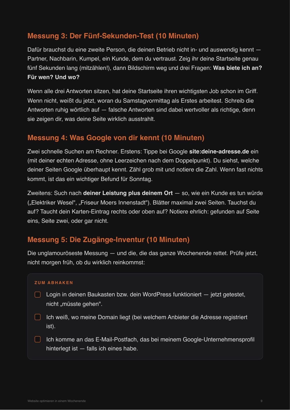 Blick ins Heft: eine Arbeitsseite mit anklickbarer Checkliste und den fünf Startwerten